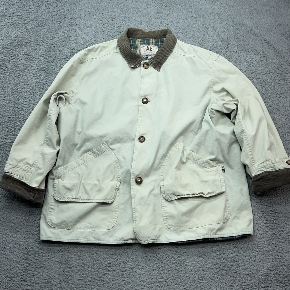 American Eagle Chore Jacket Mens XL Beige Barn Coat Corduroy Collar Plaid Lining